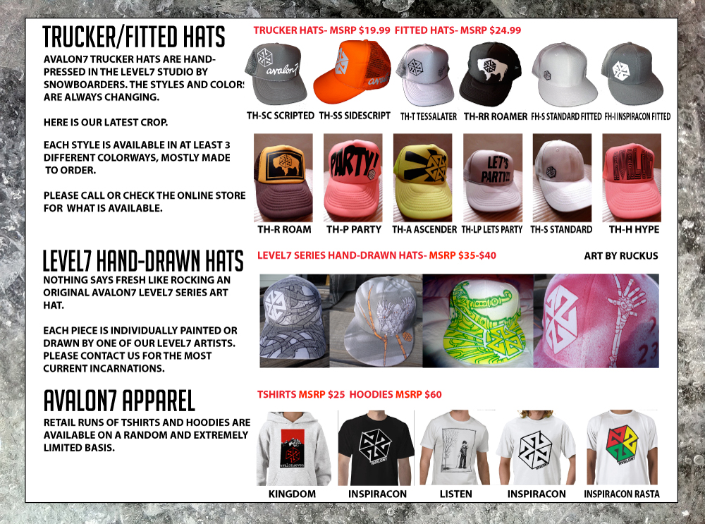 avalon7 trucker hats, fitcaps, snowboarding tshirts, hoodies 